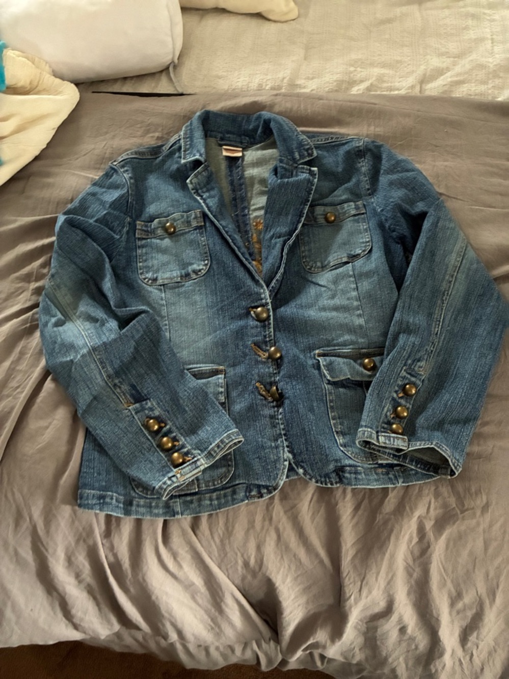 Stretch Denim Jean Embroidered Floral Jacket Coat Button Front Long Sleeve 18